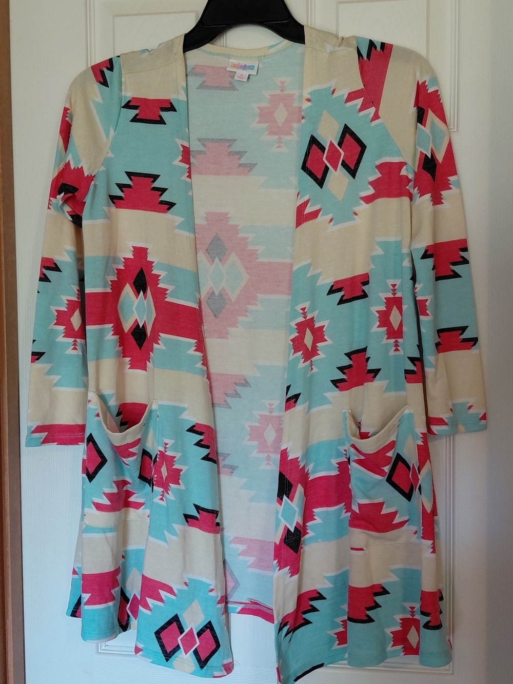 LuLaRoe Aztec Open-Front Cardigan in Cream, Aqua & Pink